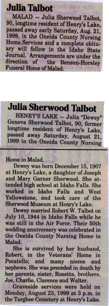 Julia (Dewey) Geneva Sherwood Talbot obit