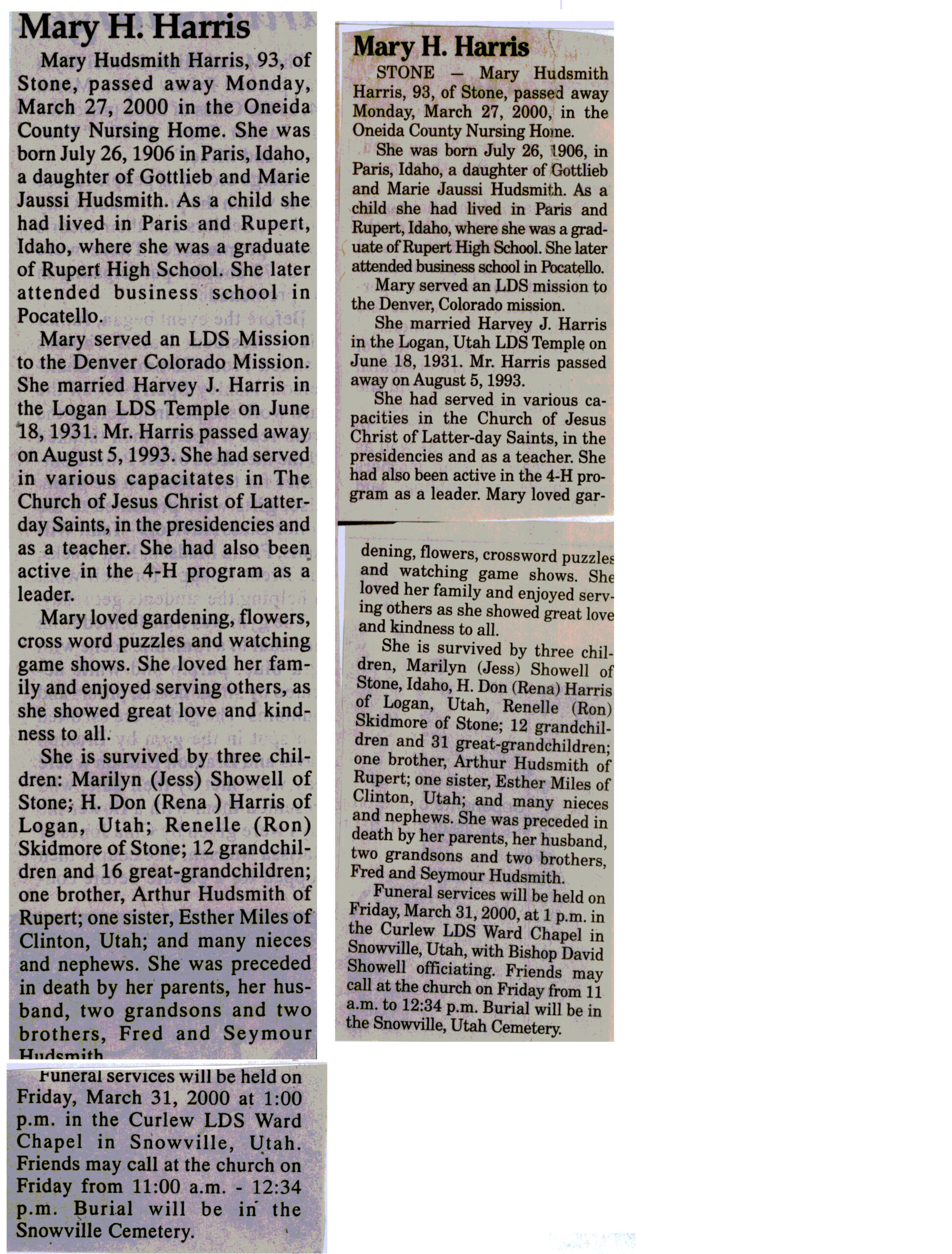 Mary Hudsmith Harris obit