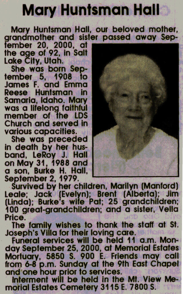 Mary Huntsmand Hall obit