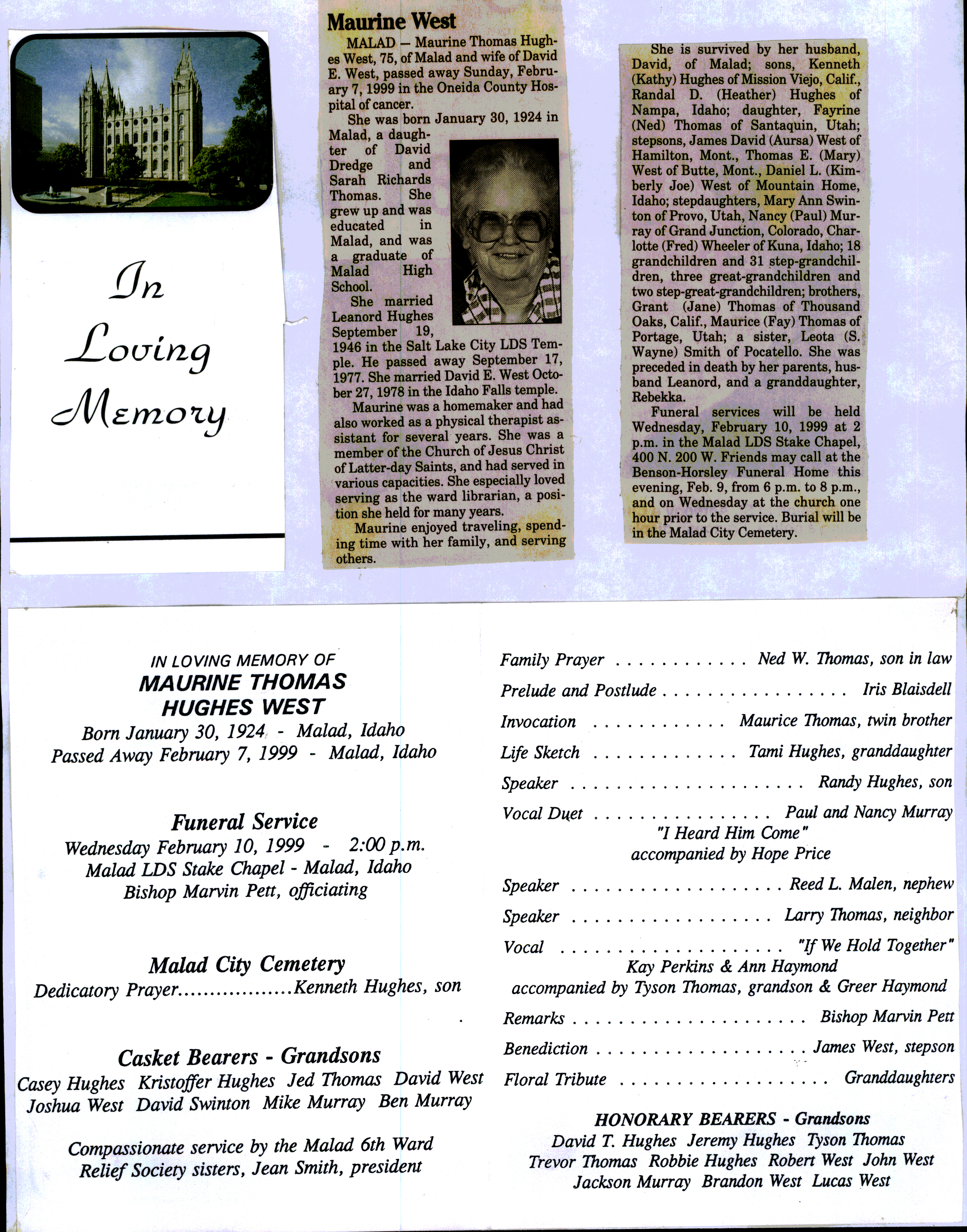 Maurine Thomas Hughes West obit and program