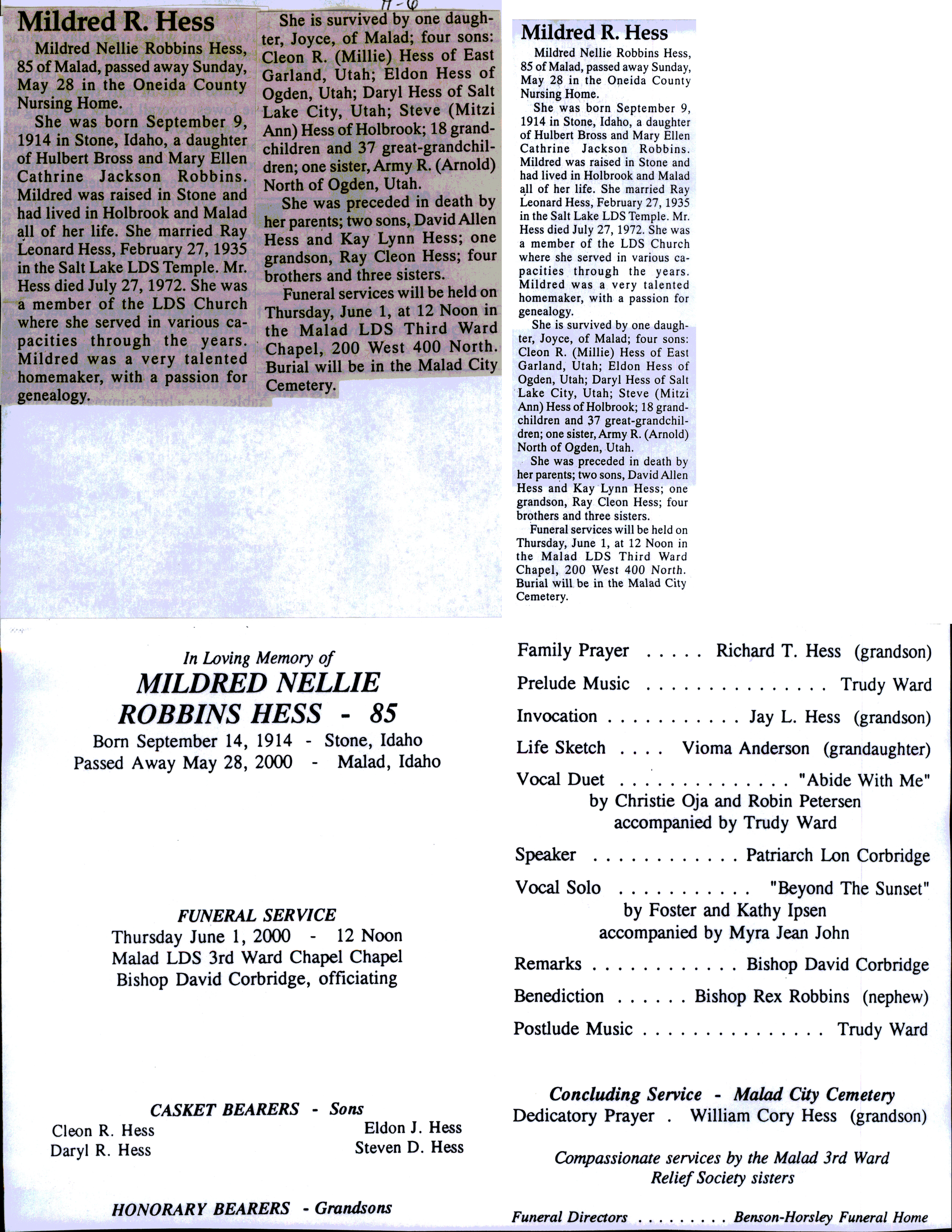 Mildred Nellie Robbins Hess obit and program