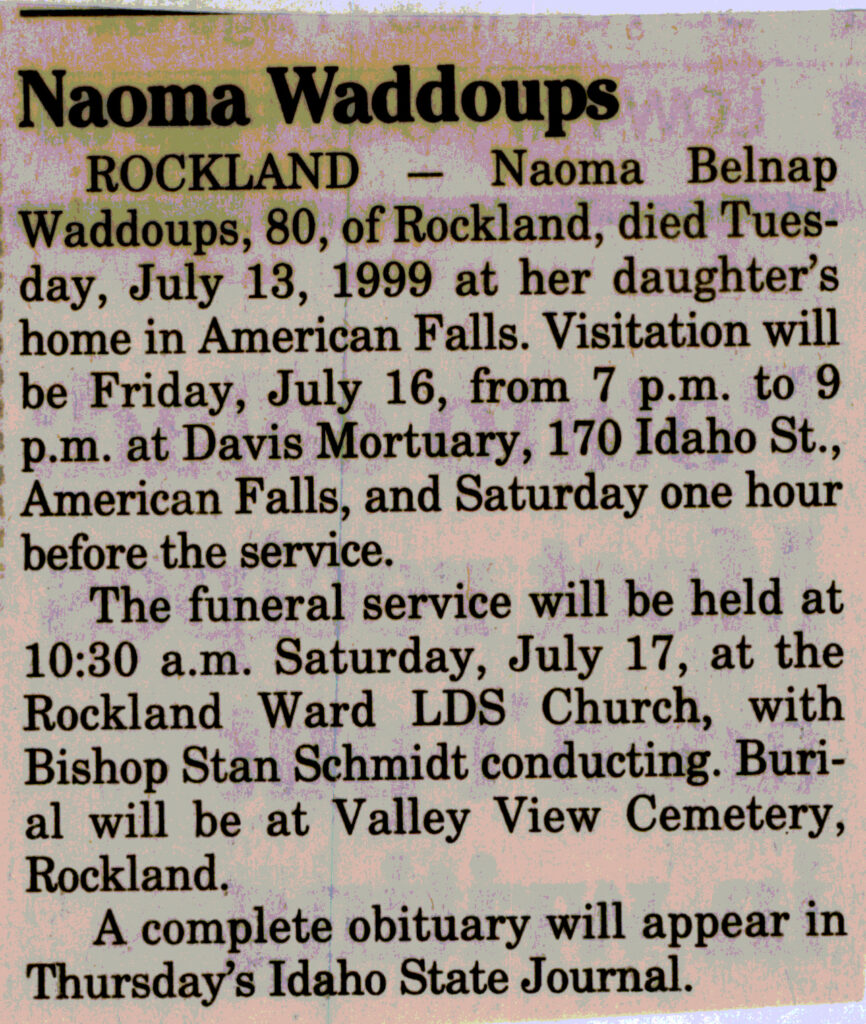 Naoma Belnap Waddoups funeral notice