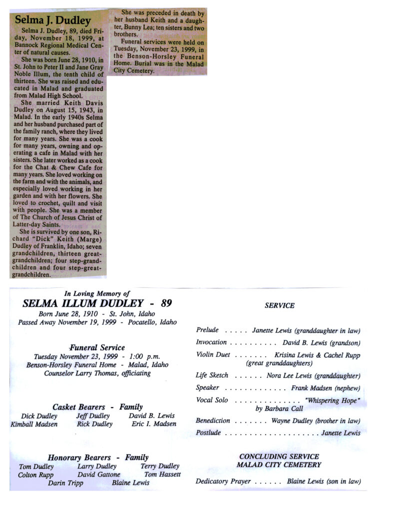 Selma Illum Dudley obit and program