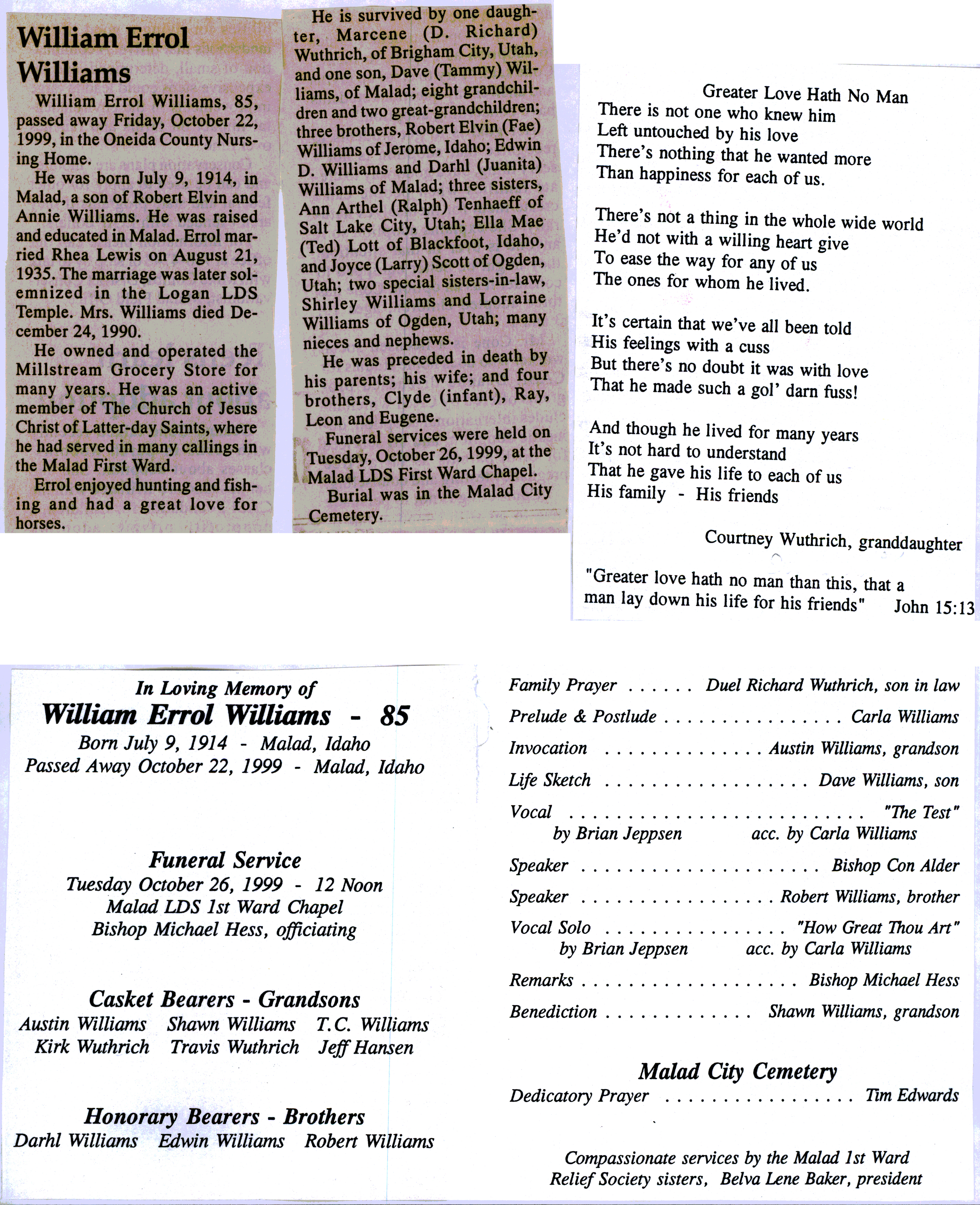 William Errol Williams obit and program