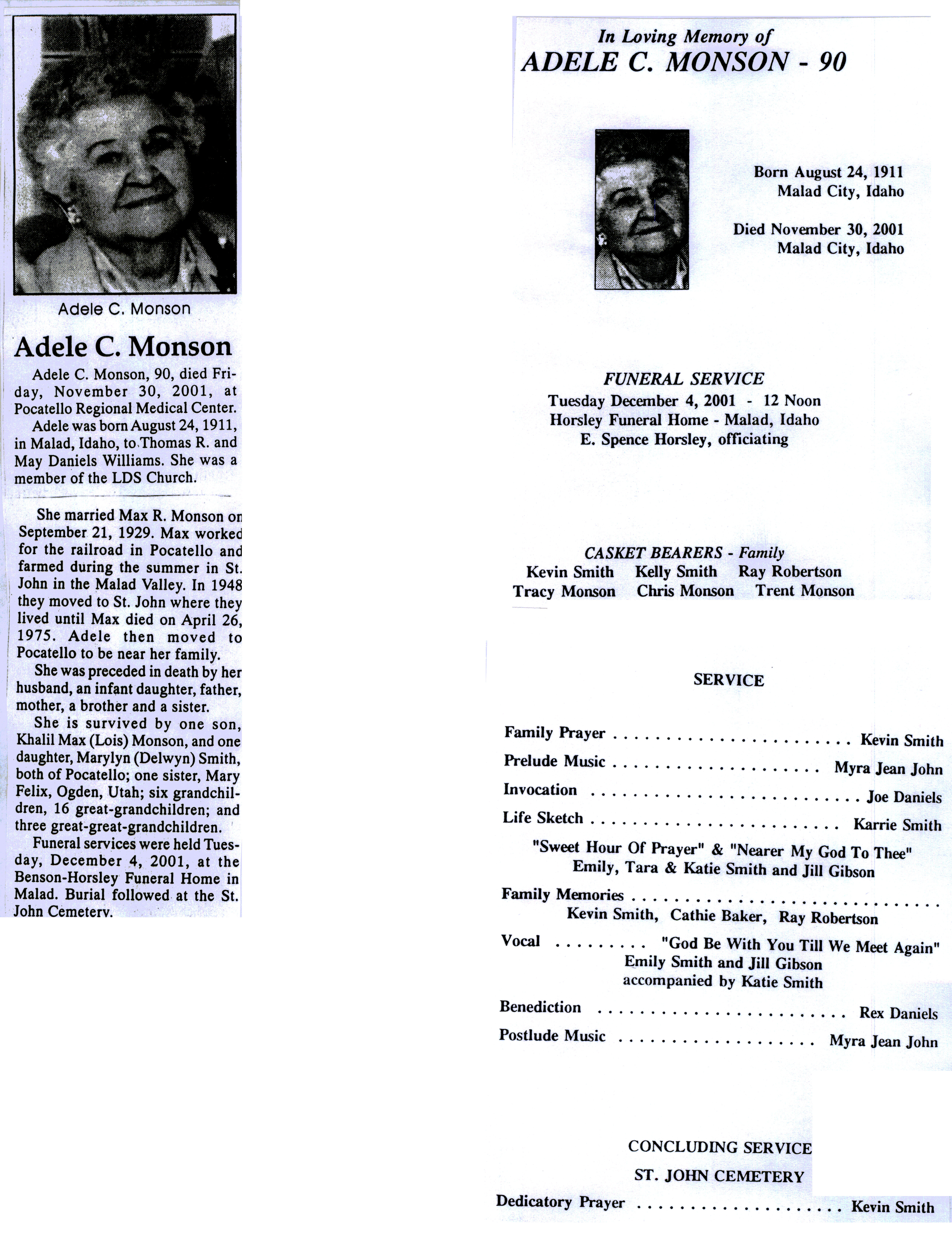 Adele C Monson obit and program