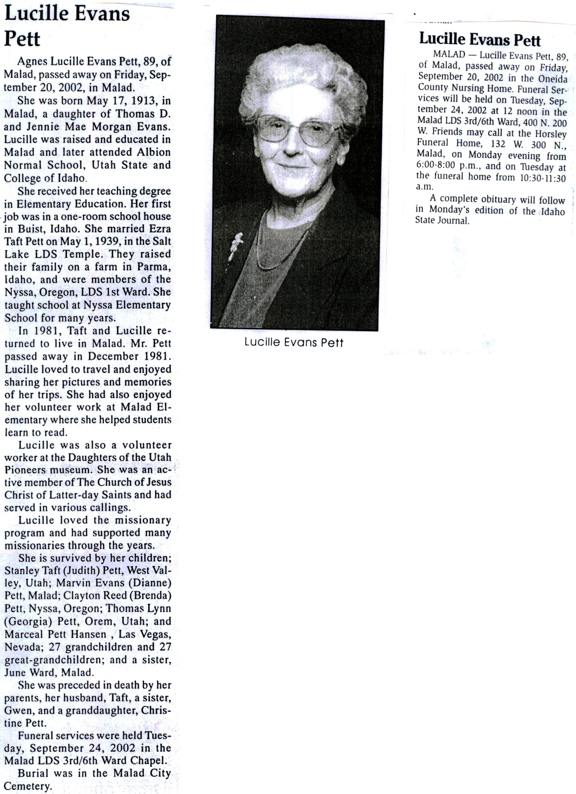 Agnes Lucille Evans Pett obit