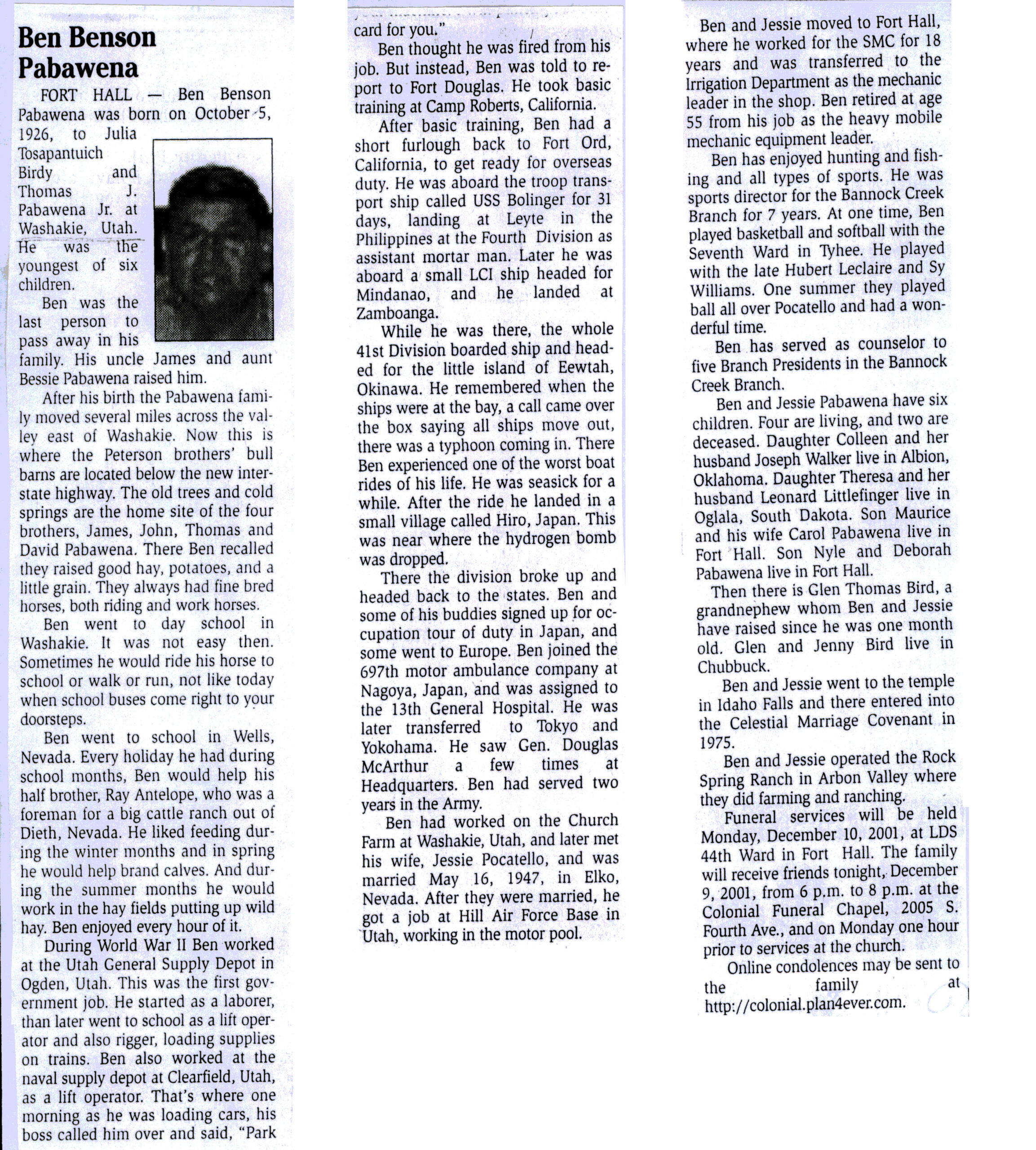 Ben Benson Pabawena obit