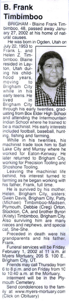 Blaine Frank Timbimboo obit