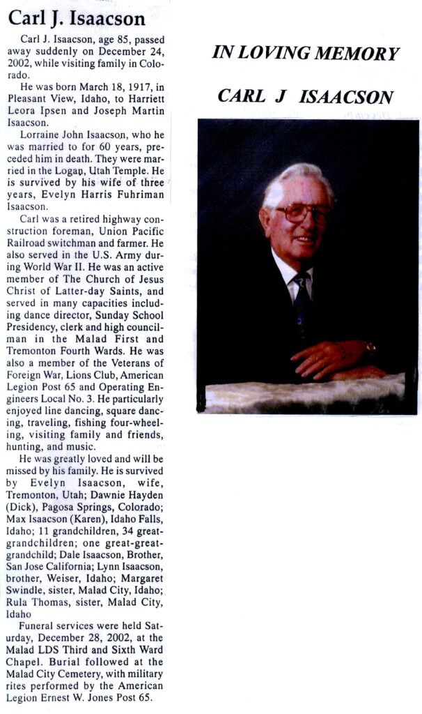 Carl J Isaacson obit
