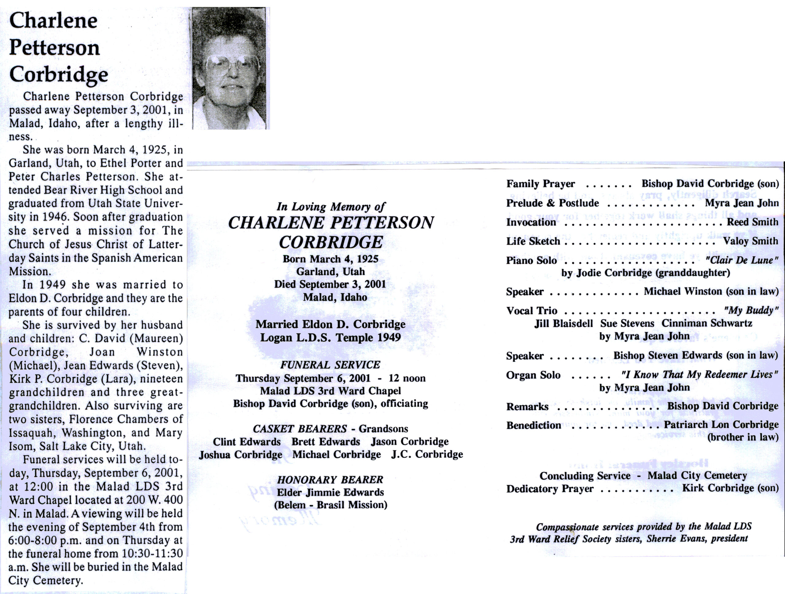 Charlene Petterson Corbridge obit and program
