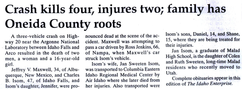 Charles Brent Isom & Jan Sweeten Isom and Jennifer Isom newspaper article about crash