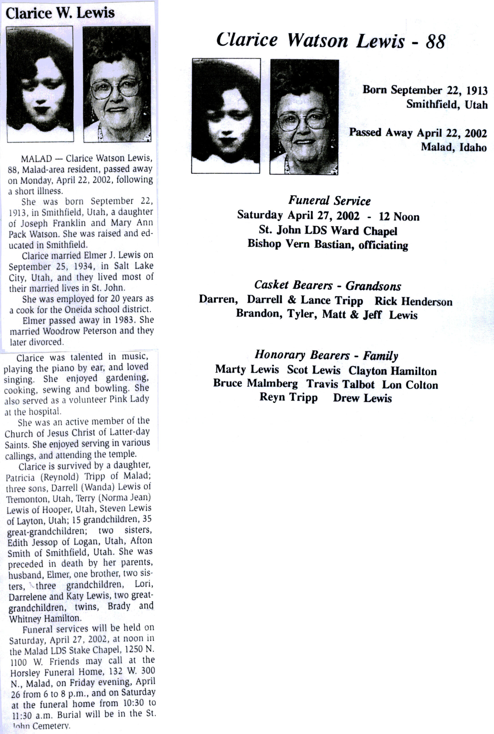 Clarice Watson Lewis obit and program