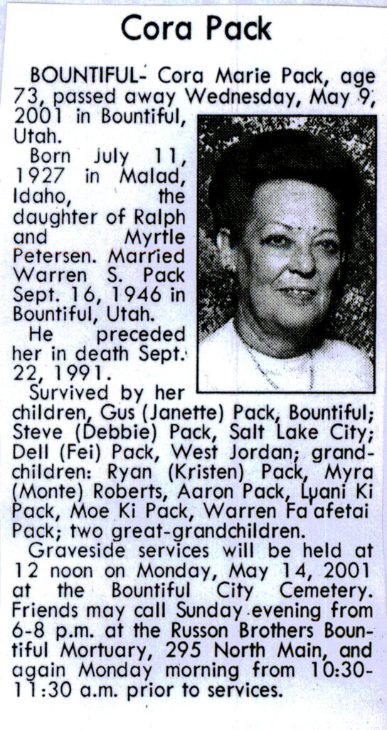 Cora Marie Pack obit
