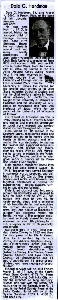 Dale G Hardman obit