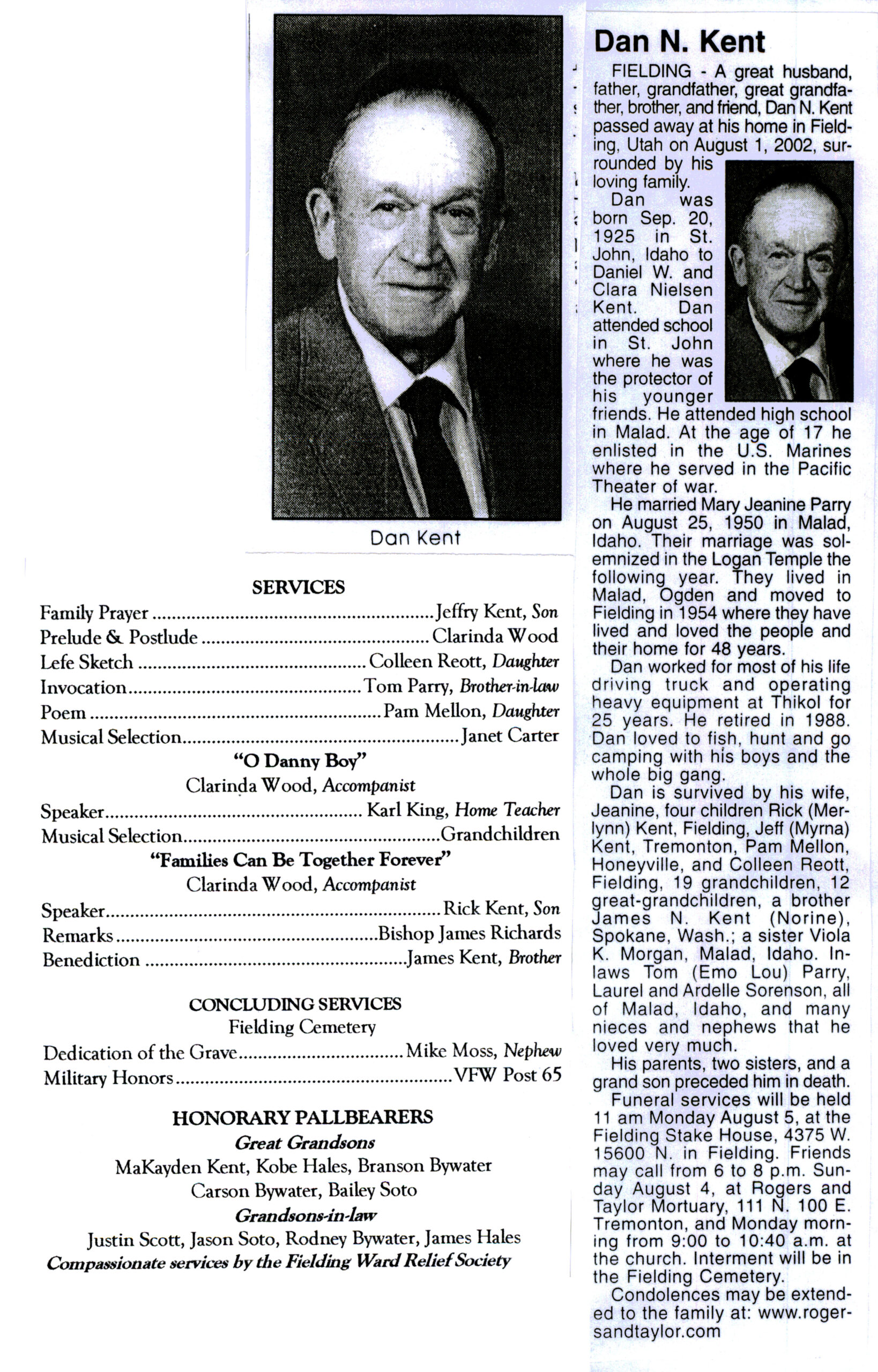 Dan N Kent obit and program