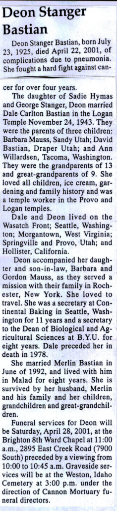 Deon Stanger Bastian obit