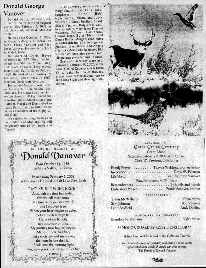 Donald George Vanover obit and program