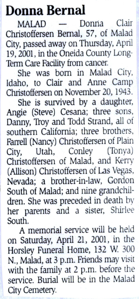 Donna Clair Christoffersen Bernal obit