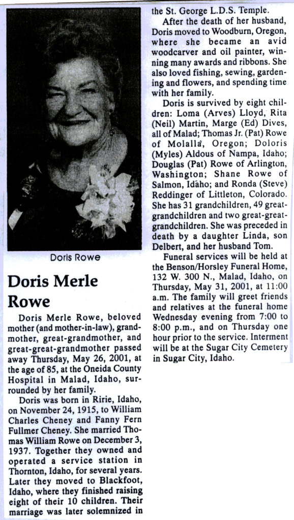 Doris Merle Rowe obit