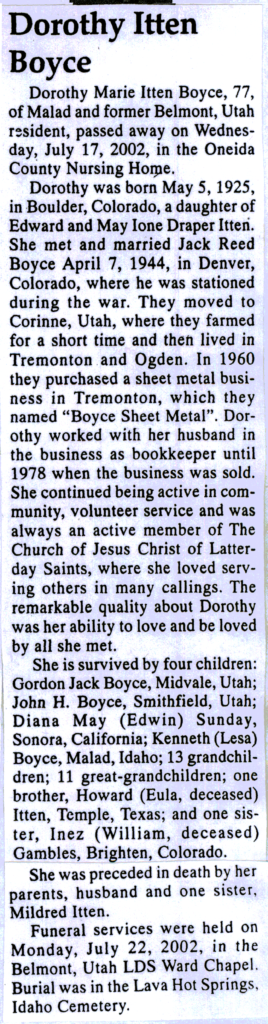 Dorothy Marie Itten Boyce obit