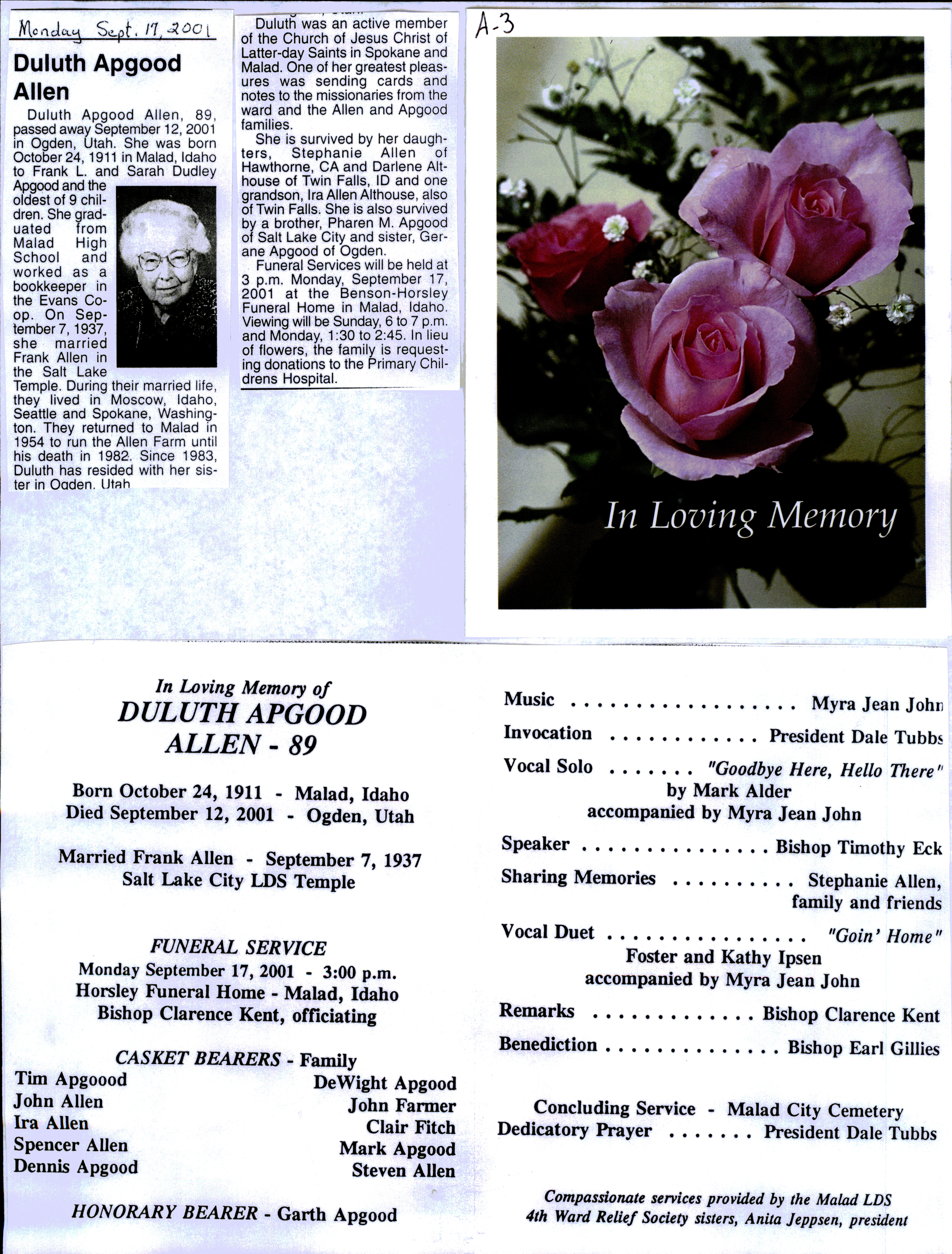 Duluth Apgood Allen obit and program
