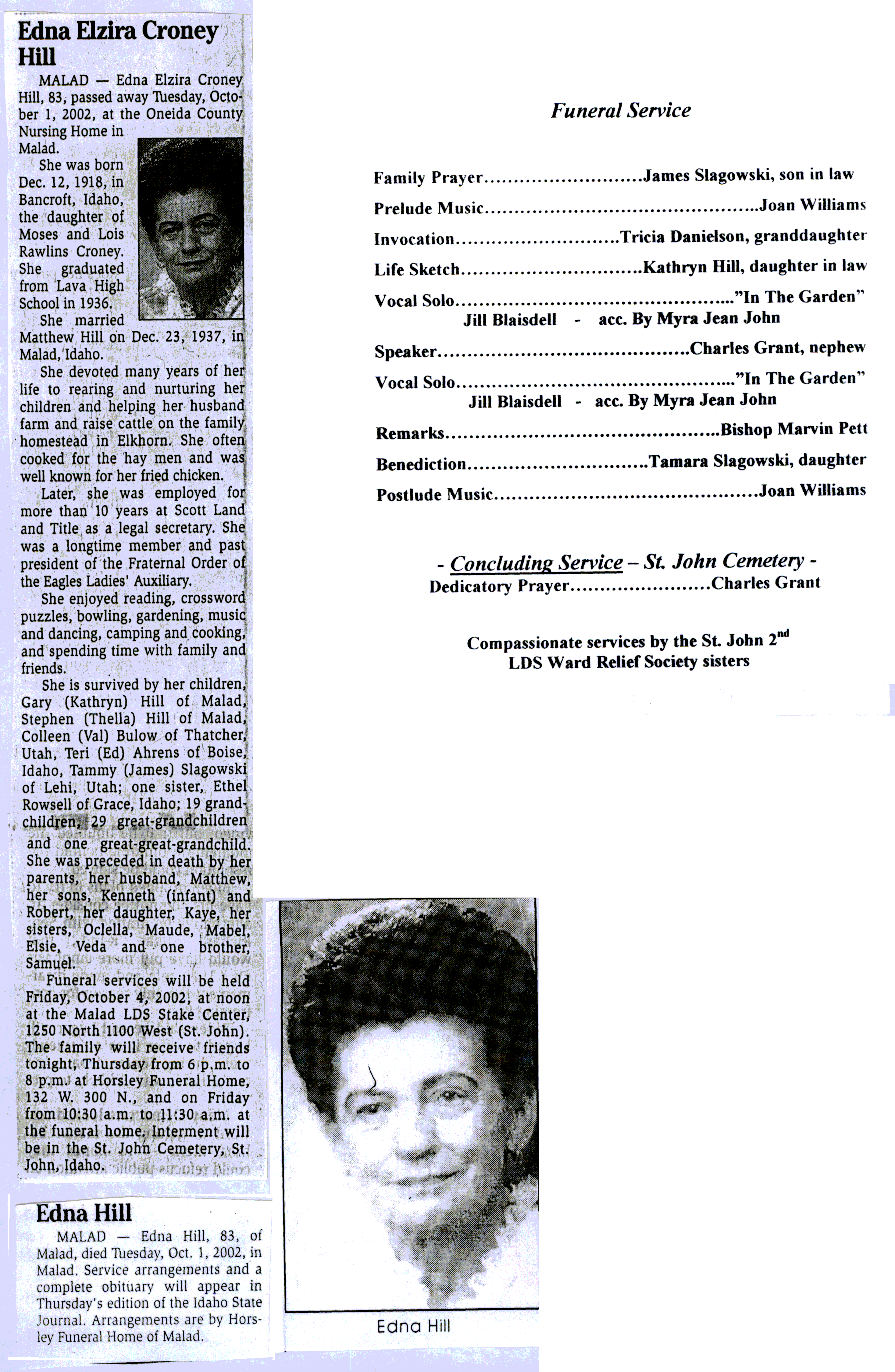 Edna Elzira Croney Hill obit and program
