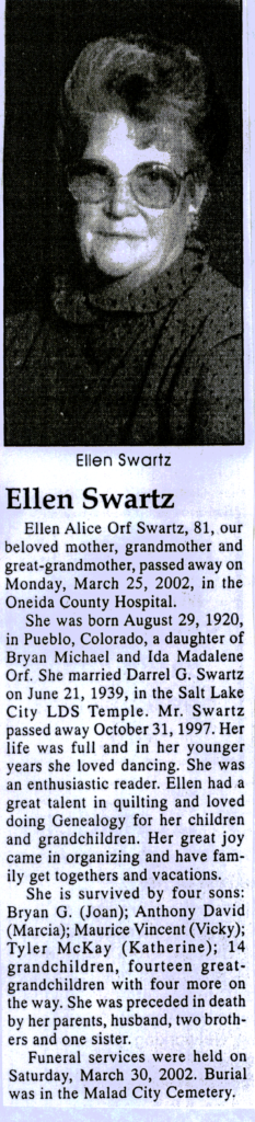 Ellen Alice Orf Swartz obit
