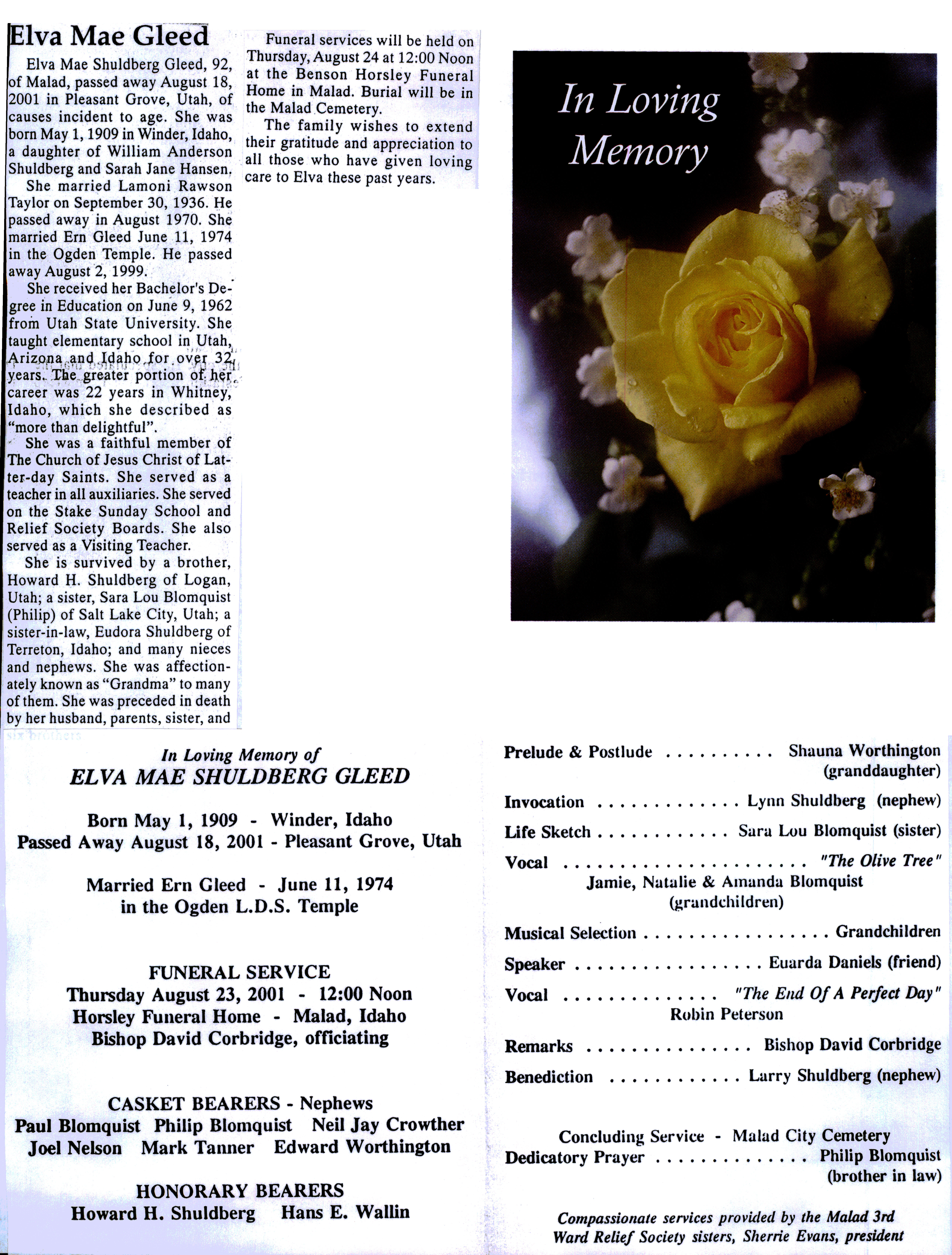 Elva Mae Shuldberg Gleed obit and program