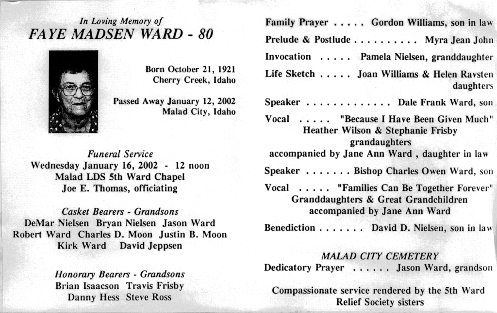 Faye Madsen Ward obit and program.tiff