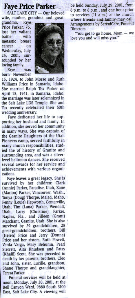 Faye Price Parker obit