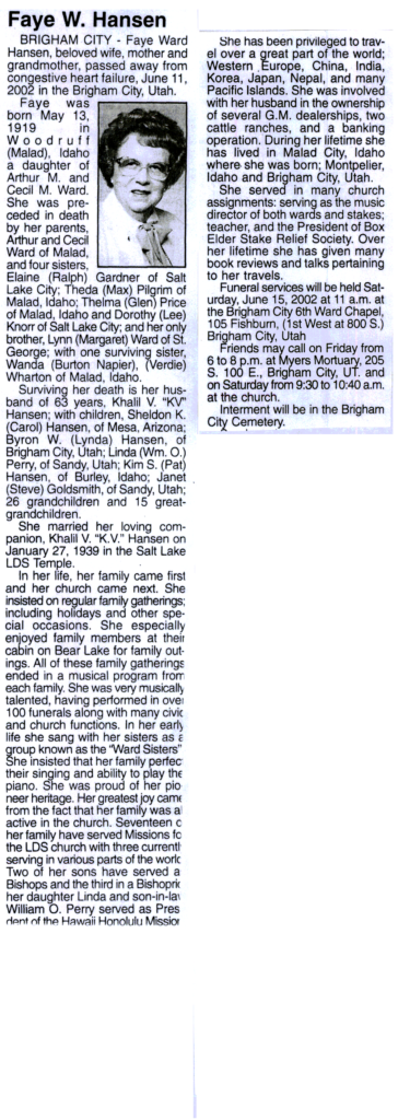 Faye Ward Hansen obit
