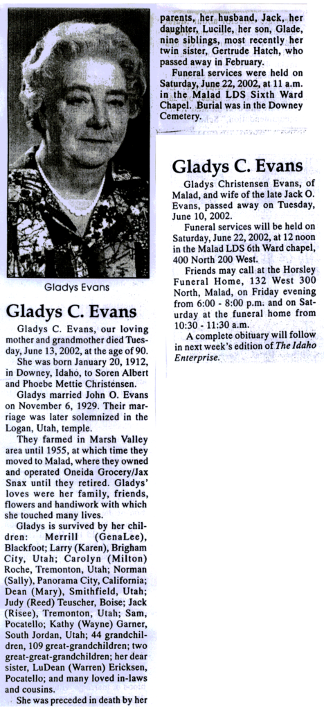 Gladys C Evans obit