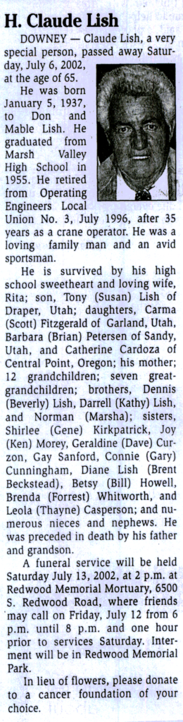 H CLaude Lish obit