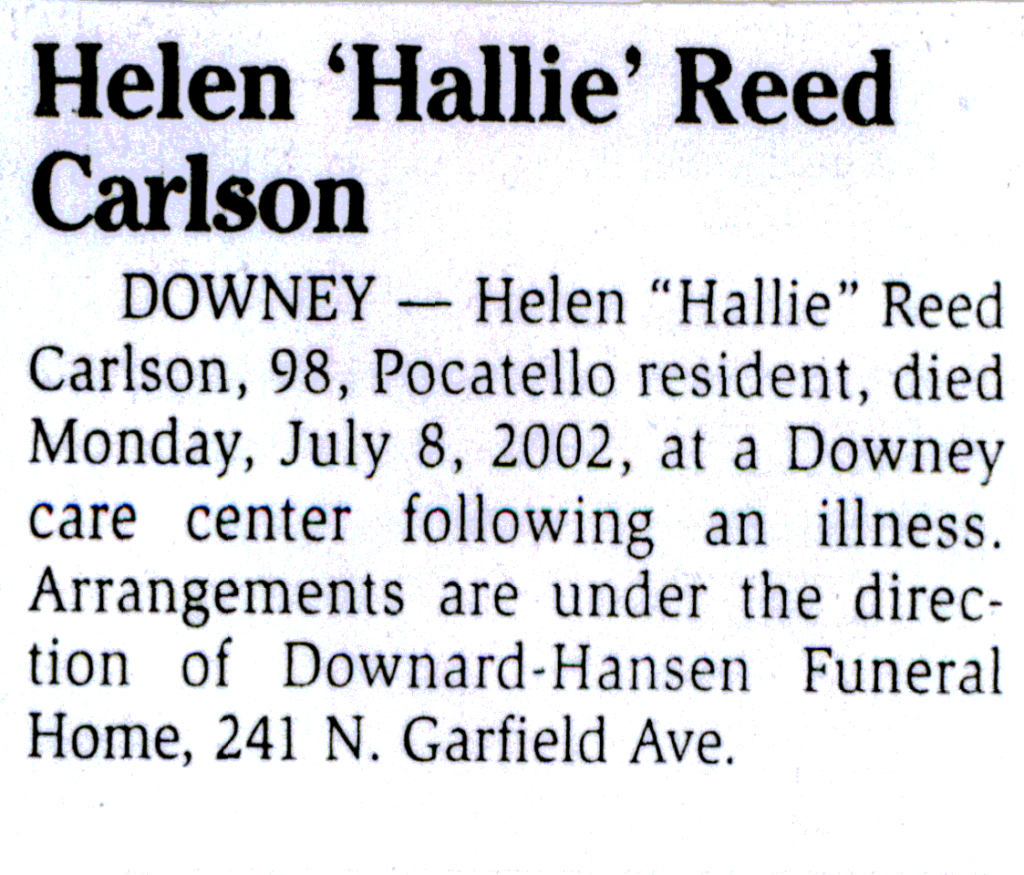 Helen (Hallie) Reed Carlson death notice