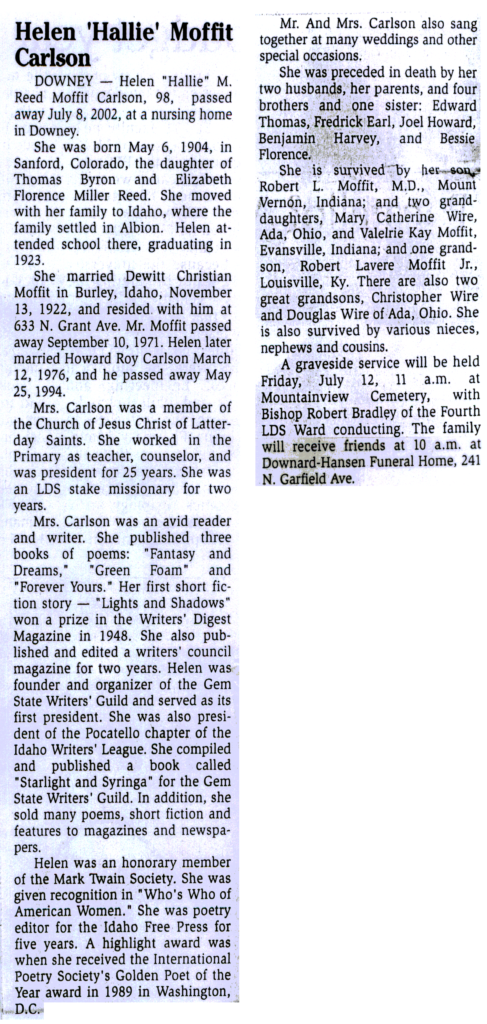 Helen (Hallie) Reed Carlson obit