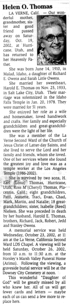 Helen O Thomas obit