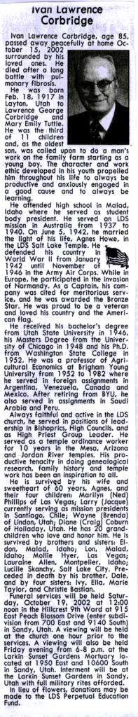 Ivan Lawrence Corbridge obit