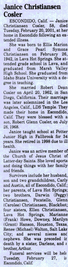 Janice Christiansen Cosler obit