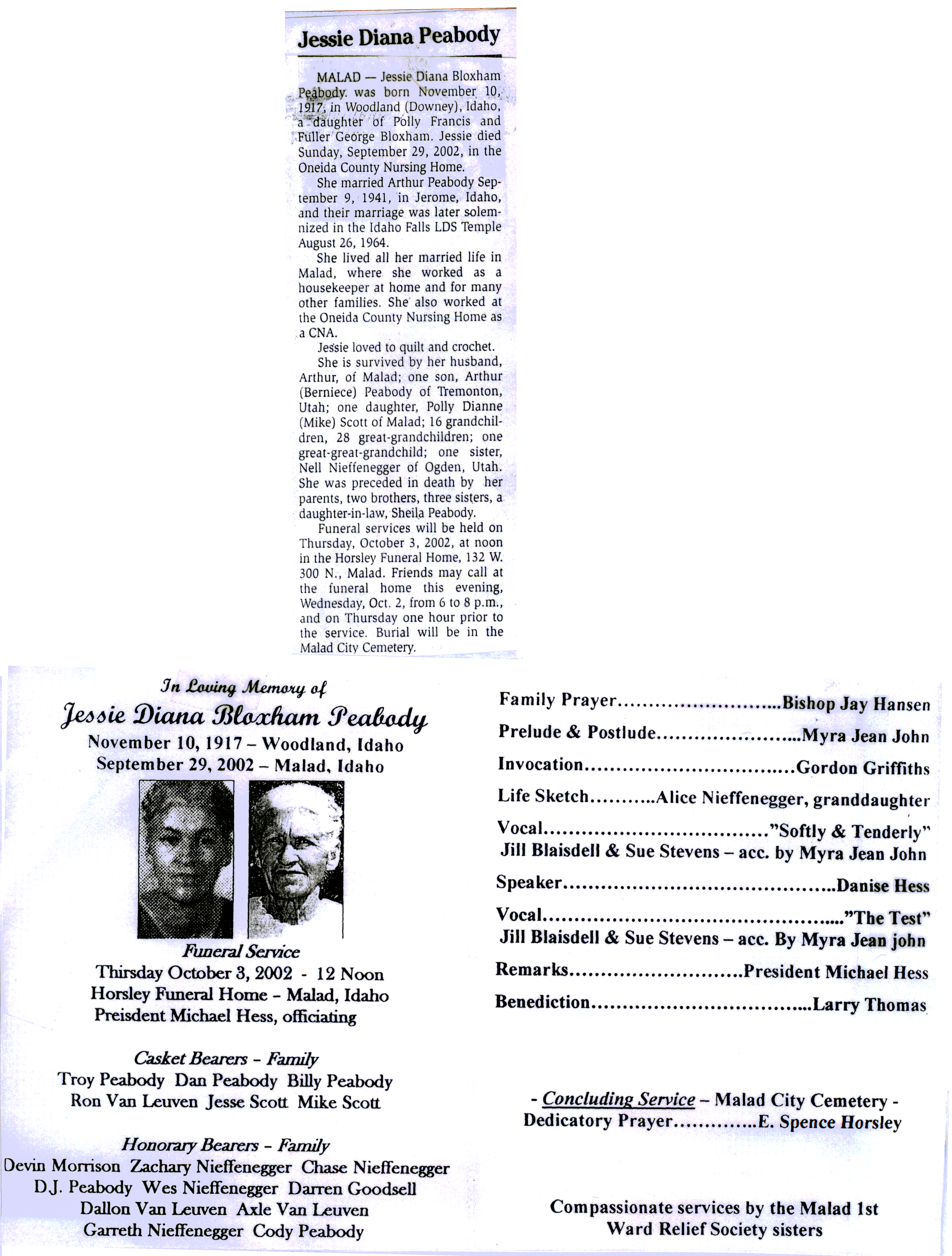 Jessie Diana Bloxham Peabody obit and program