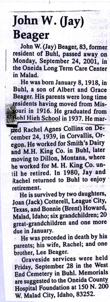 John W (Jay) Beager obit