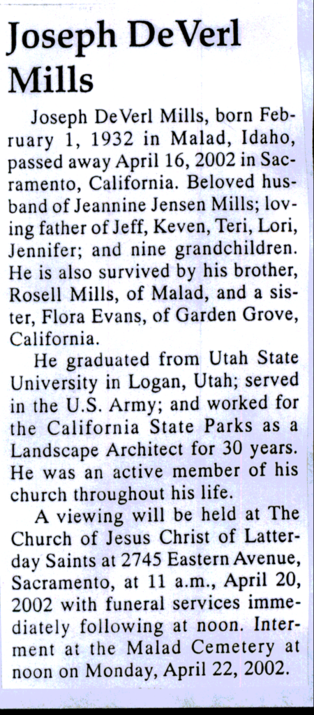 Joseph DeVerl Mills obit