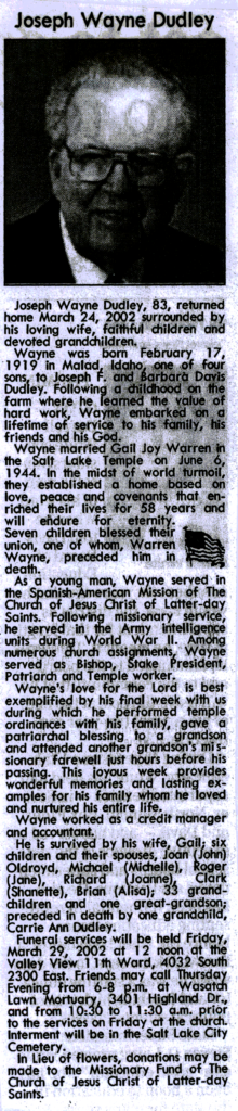 Joseph Wayne Dudley obit