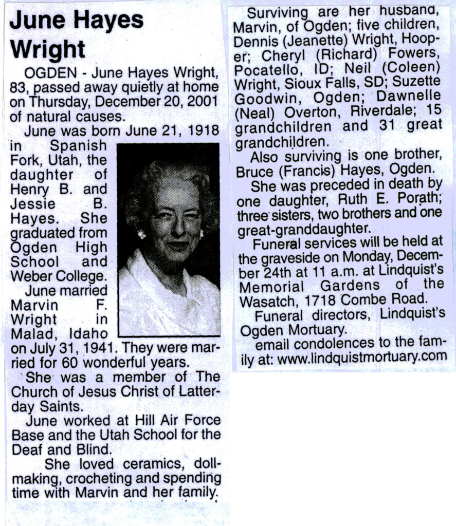 June Hayes Wright obit