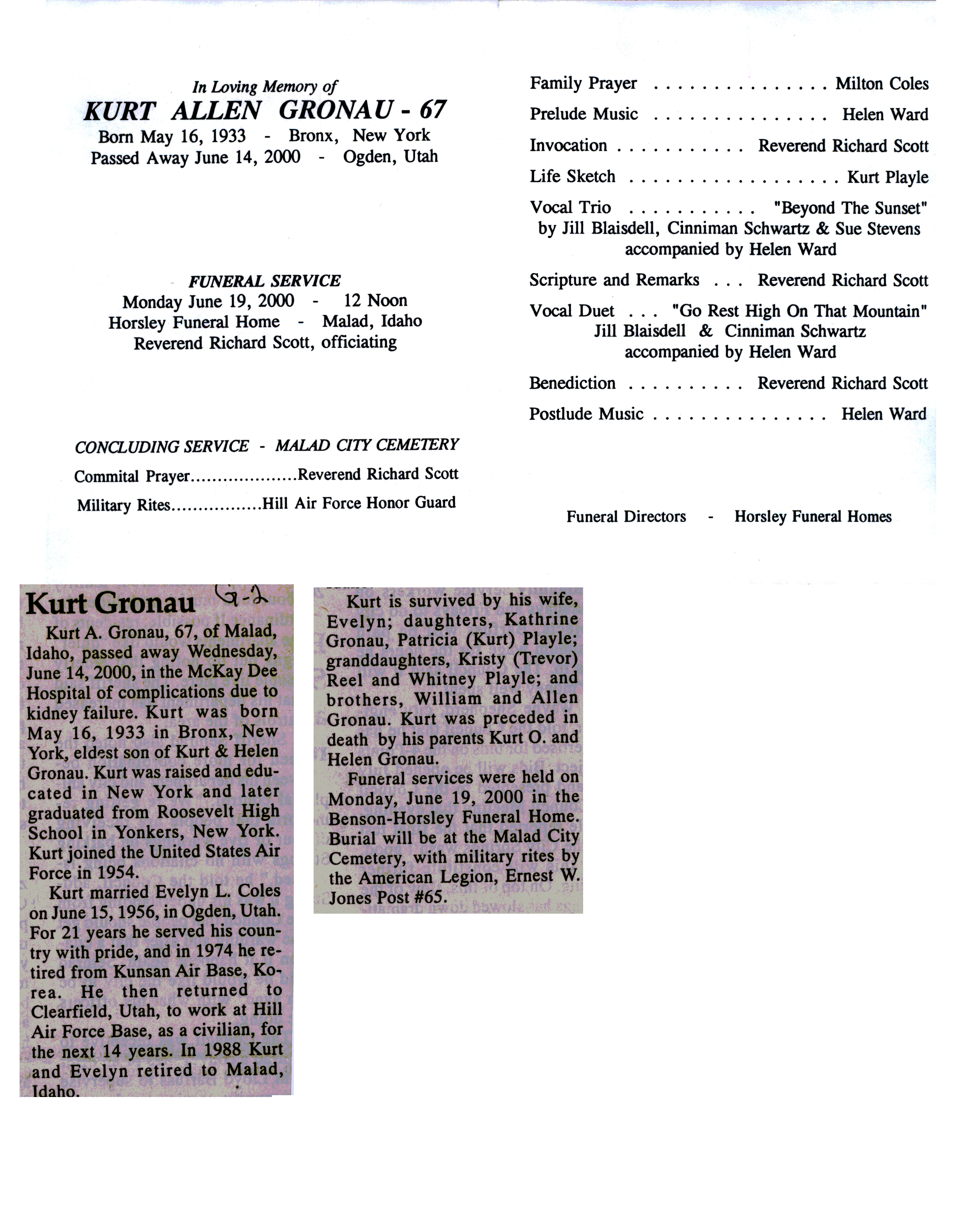 Kurt A. Gronau obit and program