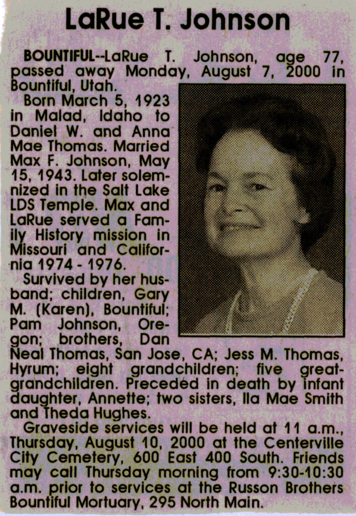 LaRue T Johnson obit