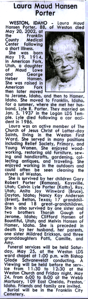 Laura Maud Hansen Porter obit