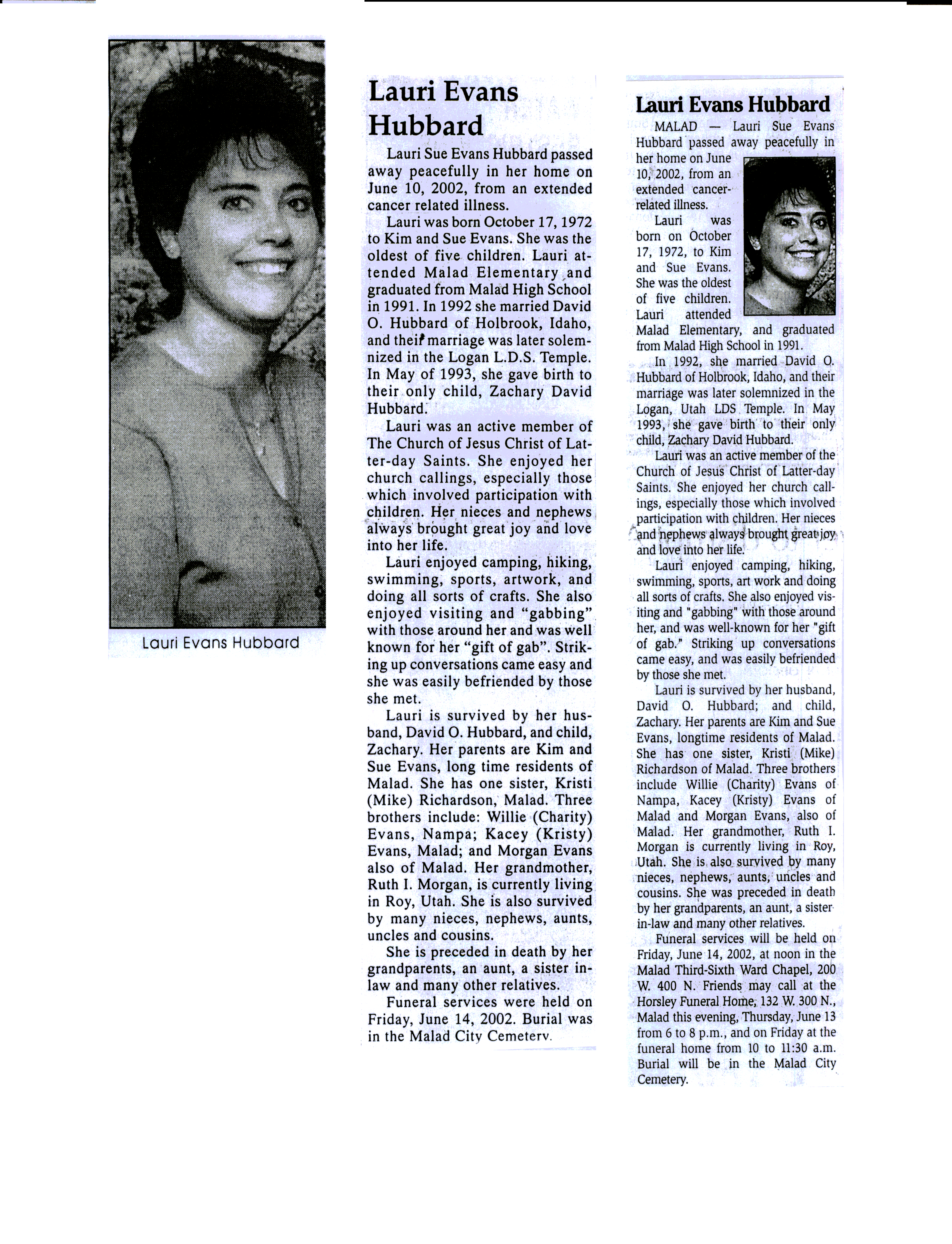Lauri Sue Evans Hubbard obit
