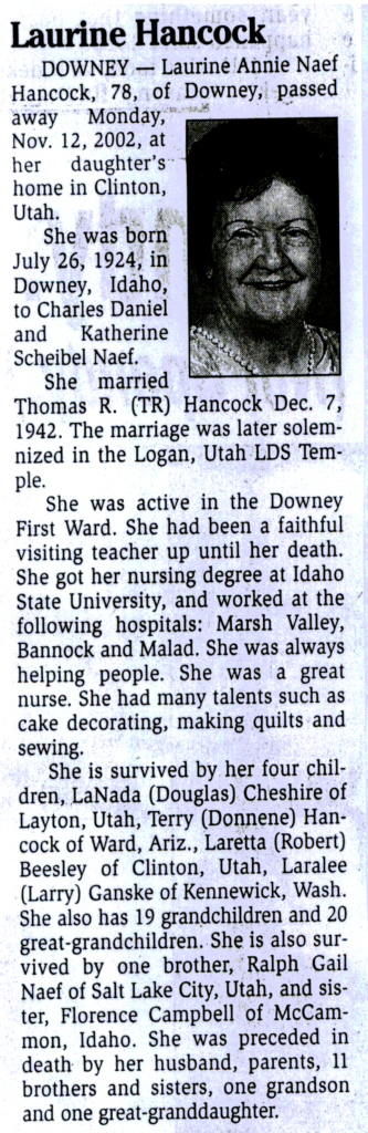 Laurine Annie Naef Hancock obit