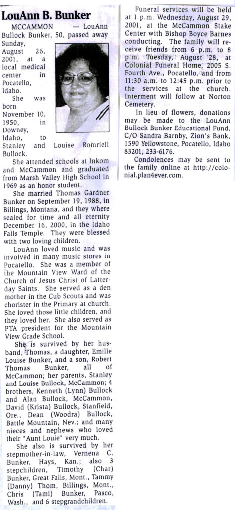LouAnn Bullock Bunker obit