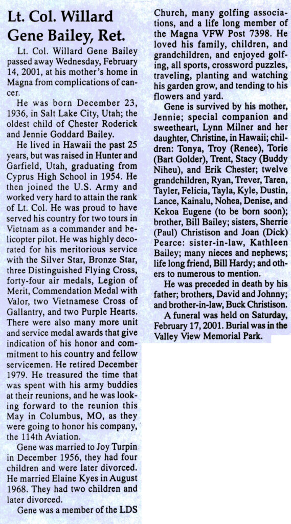 Lt Col Willard Gene Bailey obit